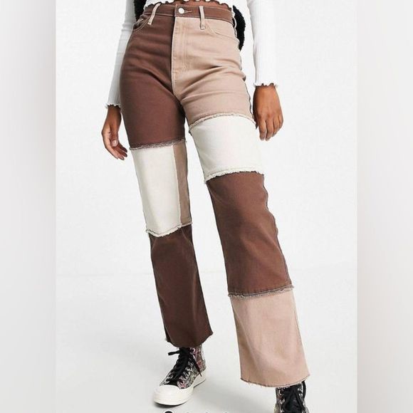 Hollister Denim - Hollister High Waisted Patchwork Denim Dad Jeans Brown Raw Hem 90s Y2K Size 15R